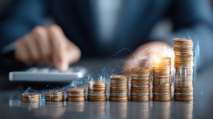 Financial Growth and Investment Success: Stacks of coins representing increasing wealth and prosperity, visualized with an upward trending graph.