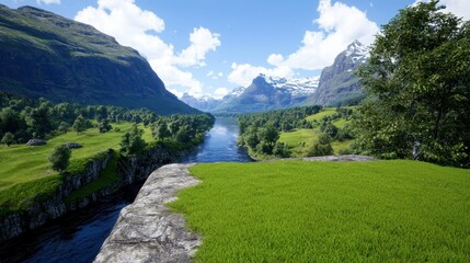 Sunny Day Landscape Green Valley, River, and Snow Capped Mountains