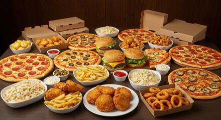 Variety of Delicious Fast Food Plated Together for a Feast Concept