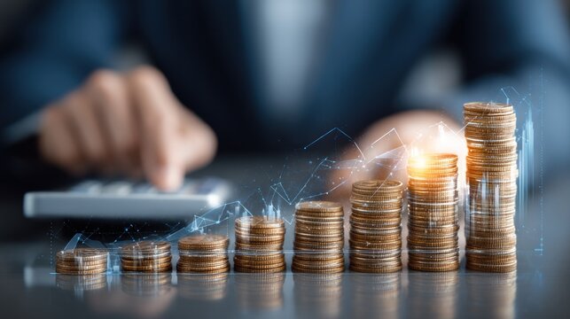 Financial Growth and Investment Success:  Stacks of coins representing increasing wealth and prosperity, visualized with an upward trending graph.