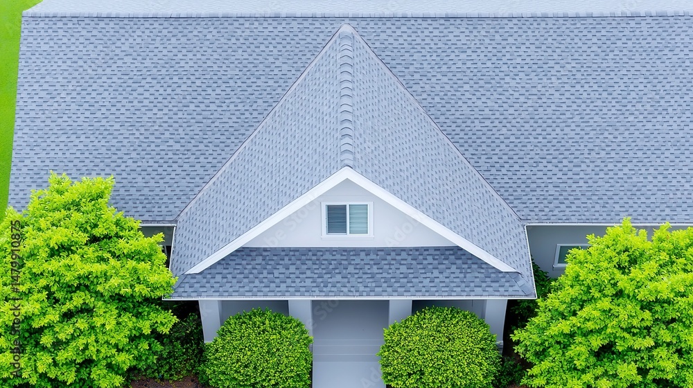 Poster symmetrical gable roof with asphalt shingles, an elevated perspective showcasing the neat arrangemen