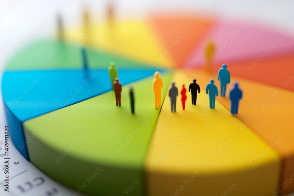 Poster colorful pie chart with small figures representing data analysis