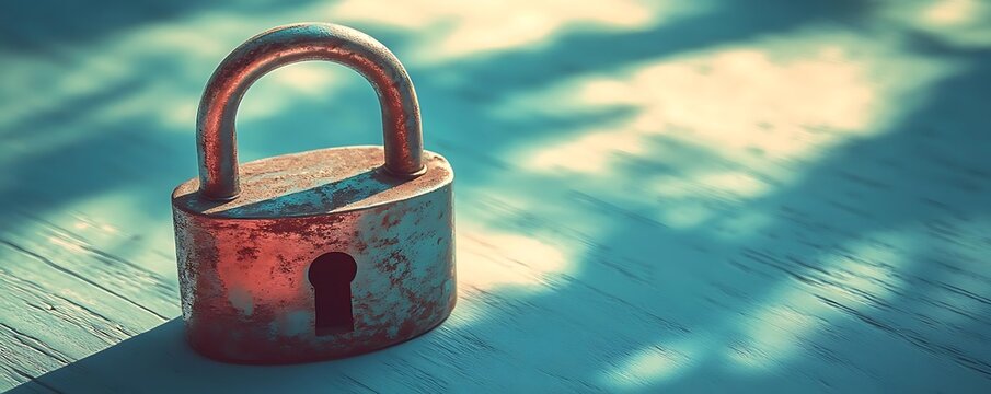Rusty padlock on wood, sunlit background. Security concept