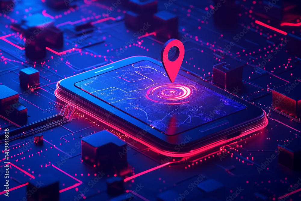 Poster smartphone displaying map location on circuit board glowing neon lights