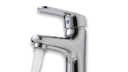 Modern Chrome Faucet with Stream of Water on Clean Transparent Background &ndash; Minimalist Plumbing Design