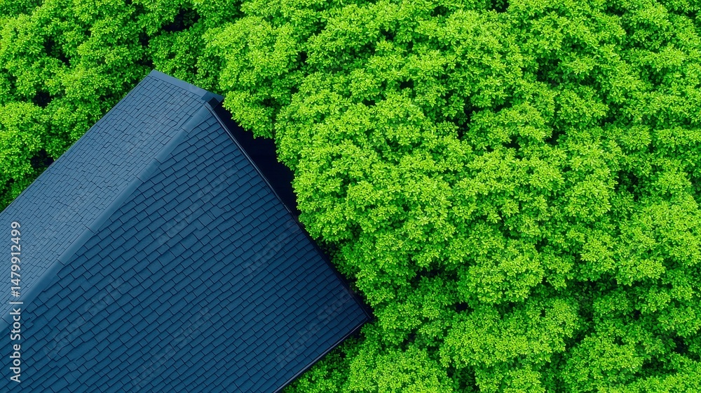 Poster overlapping shingles on a residential roof nestled among dense forest, showcasing a blend of texture