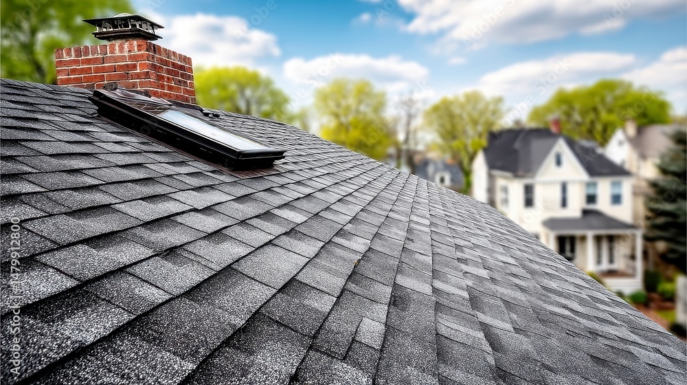 Poster modern rooftop perspective showcasing dimensional gray shingles alongside a sleek skylight design, e
