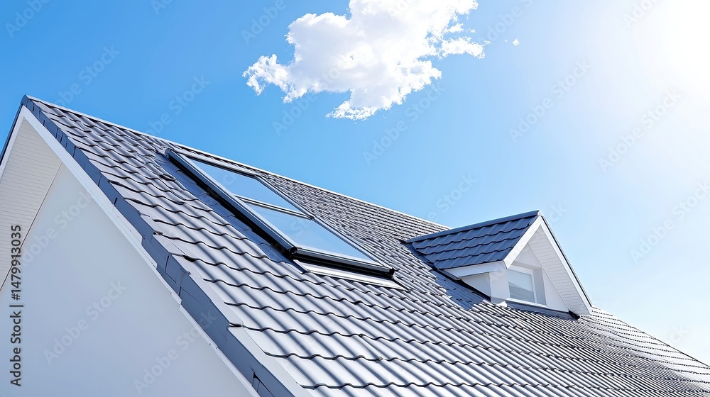 Poster rooftop perspective of gray shingles with sleek skylight design, open space emphasizing minimalist a