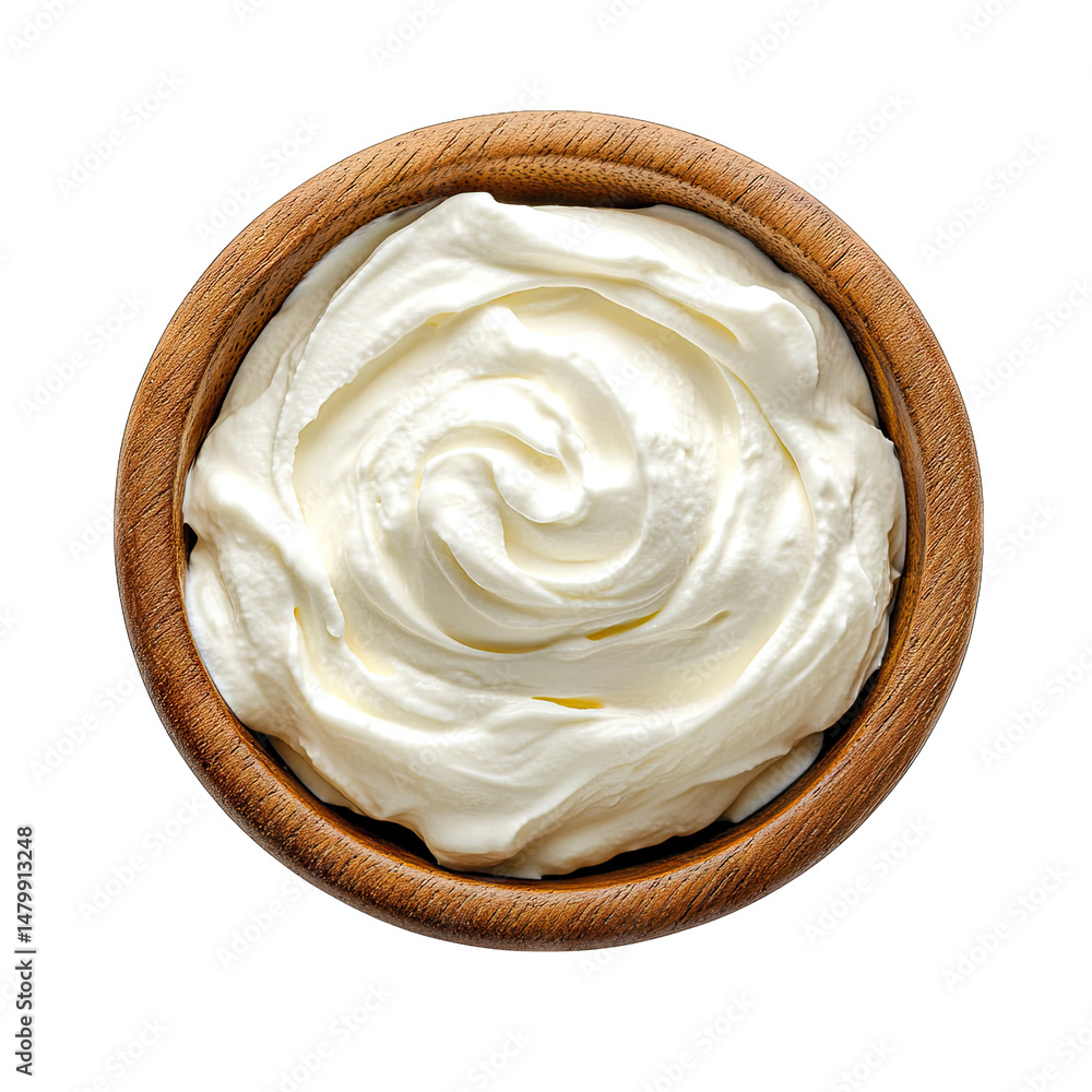 Poster a wooden bowl filled with creamy white sour cream viewed from above the cream is swirled in the bowl