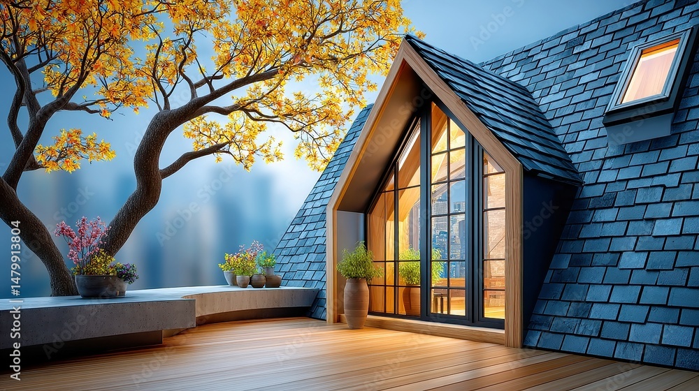 Poster rooftop oasis with tree frame and ventilated shingles, a serene escape featuring a window insert tha