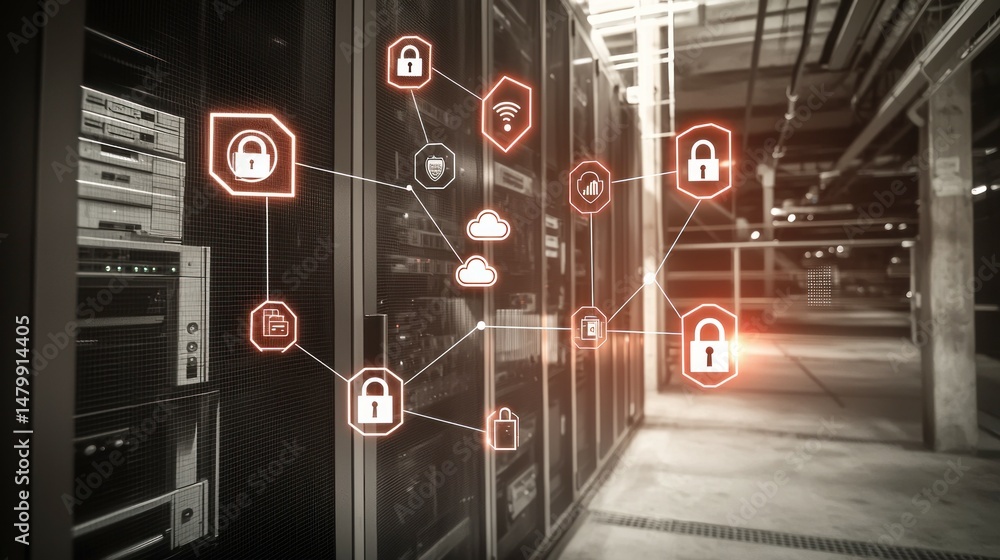 Poster network security system in a server room.