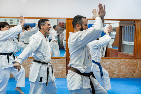 Karate practitioners performing kihon kata in dojo