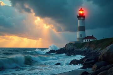 Obraz premium A majestic lighthouse stands tall against a dramatic, stormy sea , lighthouse, waves, bright