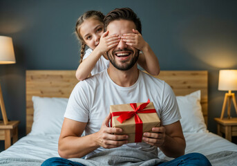 Daughter surprising her smiling dad with wrapped gift on father’s day in cozy bedroom interior