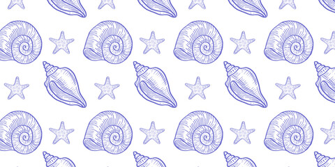 Seamless vector pattern of Italian la dolce vita doodles. Blue hand-drawn seashells on white background.