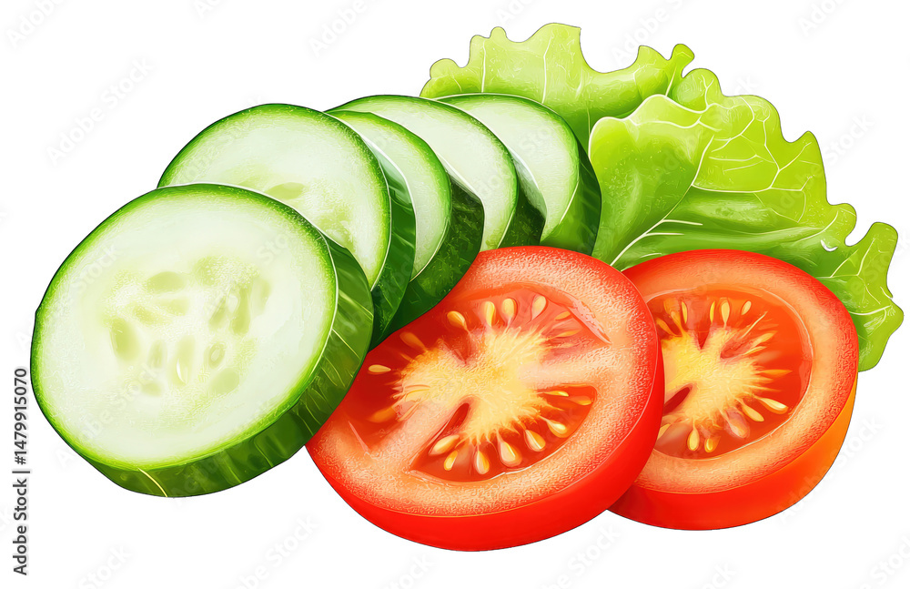 Poster close-up of sliced cucumbers and tomatoes with lettuce isolated on transparent background