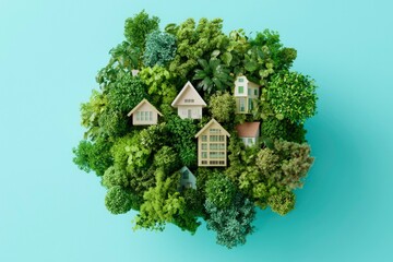 Naklejka premium Miniature houses nestled in a lush green forest
