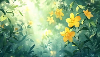 Sunlight filtering through a lush forest of yellow flowers.