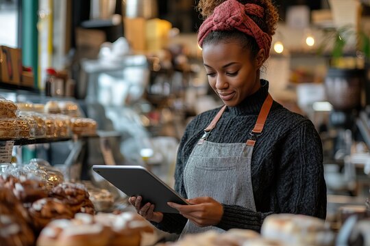 Young Woman Using Tablet in Bakery