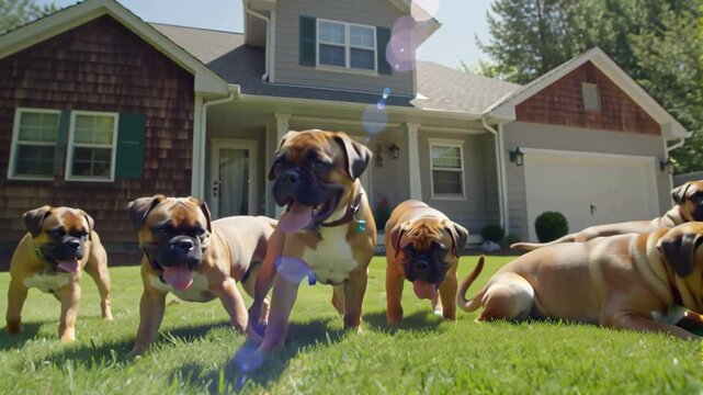 cute playful boxer puppies on a summer lawn near the house
