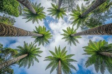 Palm trees canopy view. Looking up at tall palm trees, lush greenery, and a partly cloudy sky