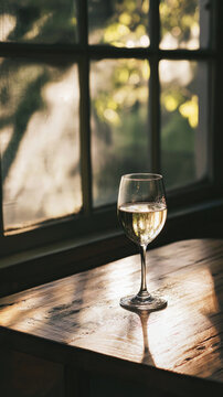 Glass of white wine on a rustic wooden table illuminated by warm sunlight coming through a window.