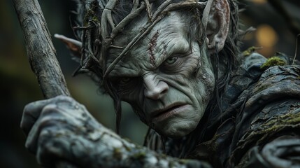 Dark fantasy  character with pointed ears, wearing dark clothing and holding a staff , weapon. The setting appears to be gritty and dramatic, from a fantasy or sci-fi context.