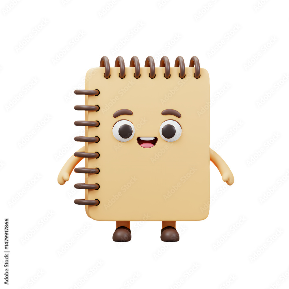 Aufkleber adorable 3d render of a happy notebook character a cheerful spiral-bound notepad with a smiling face