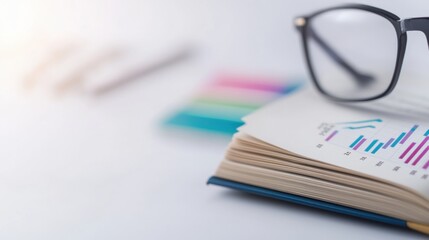 Close-up of eyeglasses resting on documents with colorful bar charts and graphs, office workspace with reports and stationary for business analysis