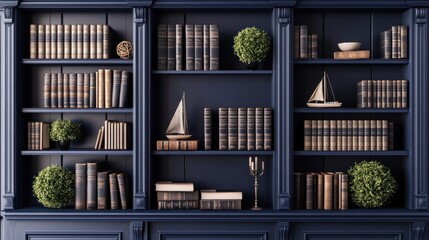 A dark-blue bookcase filled with antique books, decorative plants, and nautical figurines