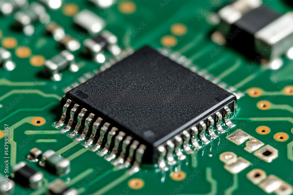Poster closeup of a microchip soldered onto a green circuit board showing intricate details of electronics