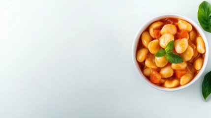 Brightly lit bowl of chickpeas cooked in tomato sauce garnished with fresh green basil leaves on white background with space for text or design