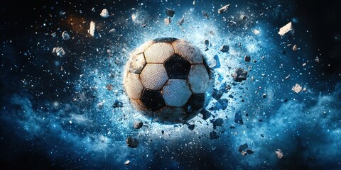 Fototapeta premium A soccer ball explodes with energy and debris in a cosmic, dynamic blue space background.