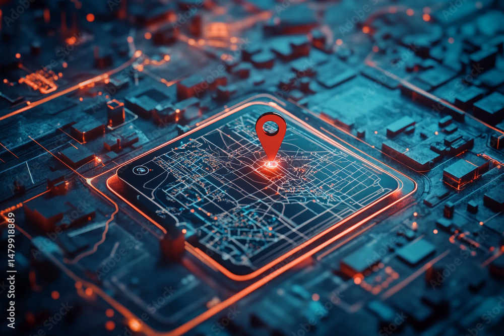 Poster digital map interface showing location pin city streets and circuit board technology