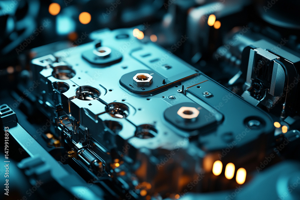 Poster closeup view of intricate metallic mechanism detailed engineering design nuts bolts complex system