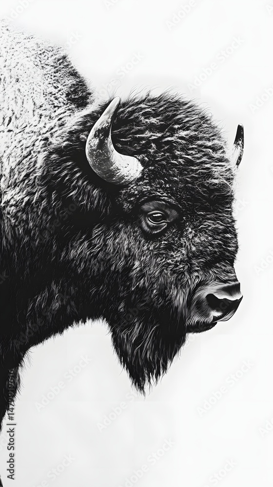 Poster close-up profile view of a bison's head.