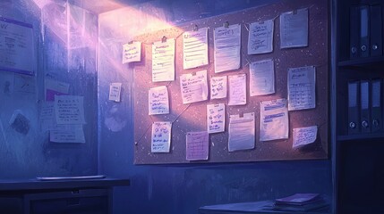 Obraz premium Bulletin board display with notes and documents for business and planning