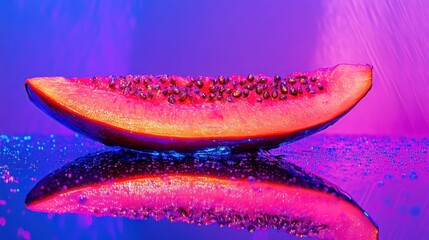 Obraz premium Vibrant papaya slice with seeds, reflecting on a glossy surface under neon light