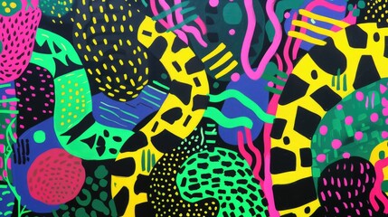 Vibrant colorful artistic abstract pattern with neon shapes and geometric elements on black background