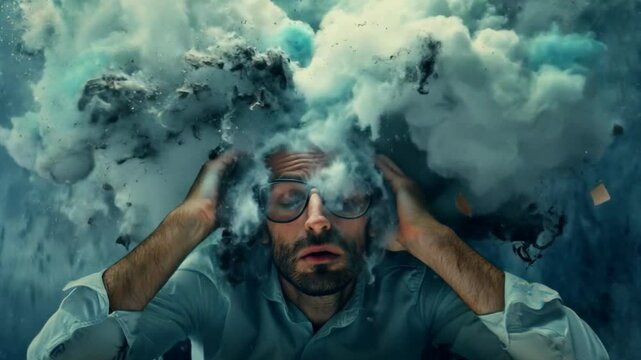 A man with curly hair and glasses is depicted in an intense state, surrounded by cloud-like formations symbolizing thoughts and emotions, with a surreal and dramatic tone.
