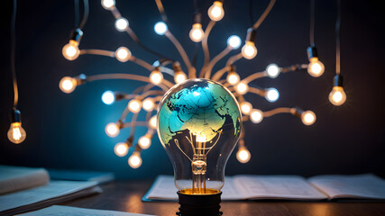 World map on light bulb. Save the world, Light bulb with globe on it.