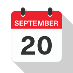 September 20 Daily Calendar. Red Theme on White Background