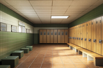 A clean and bright locker room with wooden lockers and tiled floors ready for use