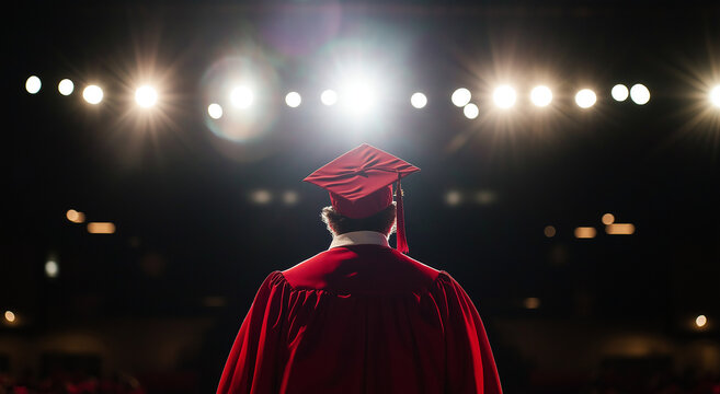 Graduado com beca e capelo vermelhos fica de frente para o palco, iluminado por luzes brilhantes durante uma cerim&ocirc;nia de formatura