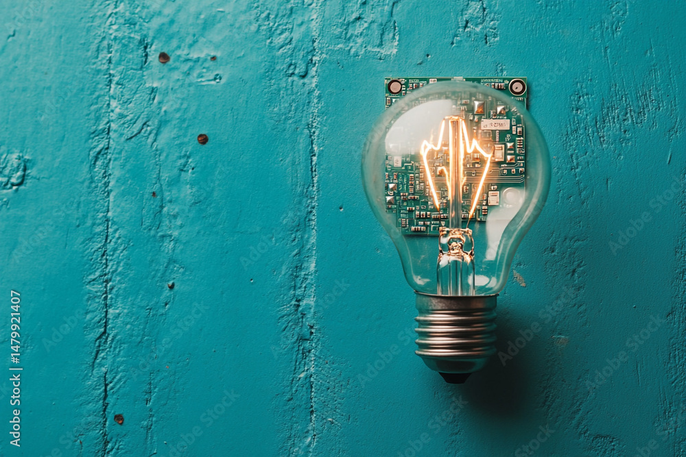 Poster illuminated lightbulb with circuit board inside on teal background innovative idea concept