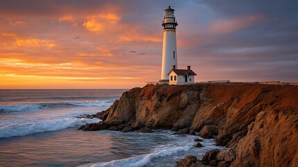 Fototapeta premium Coastal lighthouse bathed in sunset glow