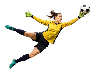 Pro female soccer goalie dive mid-air to catch a ball on isolated background
