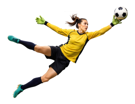 Pro female soccer goalie dive mid-air to catch a ball on isolated background