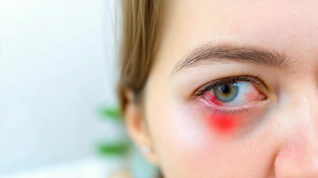 Close up of woman&rsquo;s eye with red patch near the corner, showing clear sign of eye pain, skin irritation, and early signs of eye problems or scratch