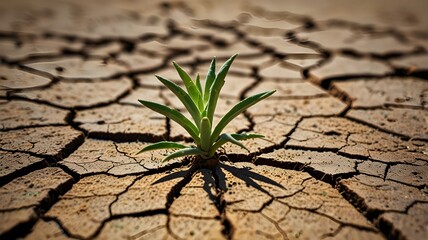 A dry, cracked desert floor with a single green plant sprouting 